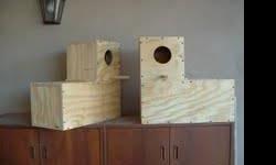 Nest Boxes:
5/8" plywood construction.
All joints screwed tight.
Wire ladder inside.
Hard wood perch screwed on.
No glue, staples or nails used.
Sizes include:
Standard boxes 8?x8?x10? $19.00, 8?x10?x16? $27.00.
Boot style boxes 8?x16?x16? $35.00,