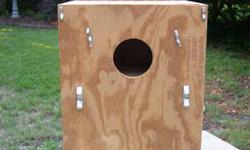 Nestbox, sleep box for small to medium birds such as green cheek conures, cockatiels or lovebirds. This box has two inspection holes.... one on the side and one in the back so you may hang it on the front of a cage or on the side depending on where your