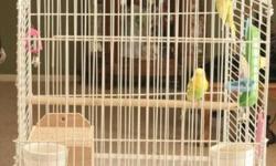 pair of parakeets(male & Female) with large cage and stand,also have a smaller cage(new never used)breeder box,hand feeding formula never used. toys,feed dishes cuddle bone holder,left over bedding and food. also have some treats. must sell